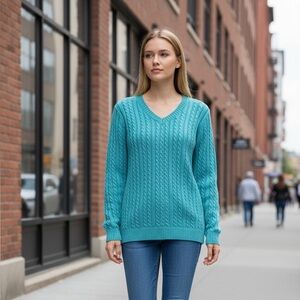 Croft&Barrow Sweater Teal Blue Small Cable Knit V-neck Long Sleeve Cotton